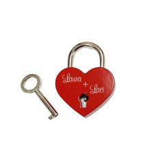   Gravírozható fém lakat, piros, szív alakú, kicsi, kulccsal (szerelemlakat)