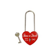   Gravírozható fém lakat, piros, szív alakú, nagy, kulccsal (szerelemlakat)